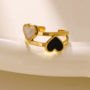 18 K Gold Plated Heart Ring with Black and White Accents